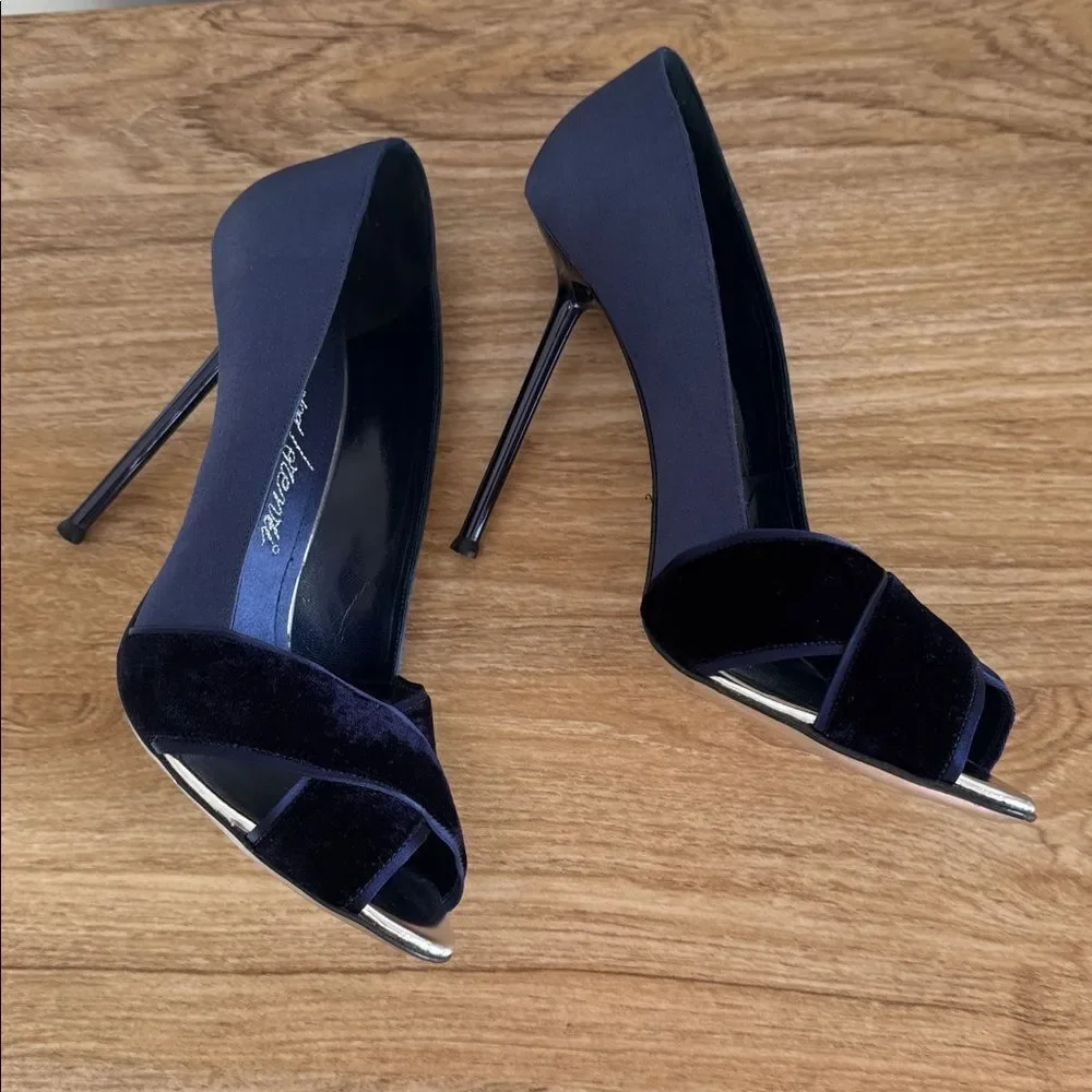 Gianmarco Lorenzi Blue Silk & Velvet Stiletto Heels Made in Italy Size EU 37.5